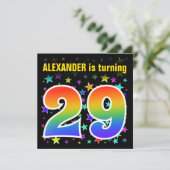 Invitation Étoiles colorées + Motif arc-en-ciel "29" Annivers (Debout devant)