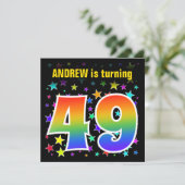 Invitation Étoiles colorées + Motif arc-en-ciel "49" Annivers (Debout devant)