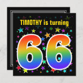 Invitation Étoiles colorées + Motif arc-en-ciel "66" Annivers (Devant / Derrière)