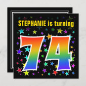 Invitation Étoiles colorées + Motif arc-en-ciel "74" Annivers (Devant / Derrière)