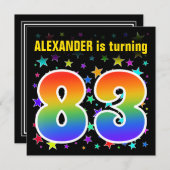 Invitation Étoiles colorées + Motif arc-en-ciel "83" Annivers (Devant / Derrière)