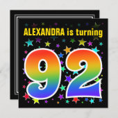 Invitation Étoiles colorées + Motif arc-en-ciel "92" Annivers (Devant / Derrière)