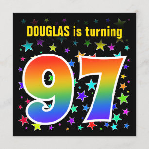 Invitation Étoiles colorées + Motif arc-en-ciel "97" Annivers