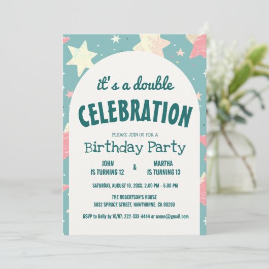 Invitation Etoiles colorées Motif Double fête d'anniversaire (Debout devant)