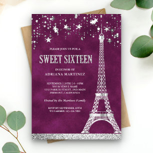 Invitation Etoiles Confetti Argent Tour Eiffel Plum Sweet 16