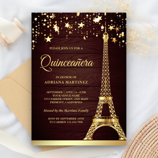 Invitation Etoiles Confetti Gold Foil Tour Eiffel Quinceanera