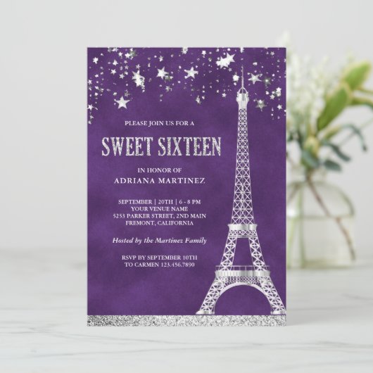 Invitation Etoiles Confetti Silver Tour Eiffel Purple Sweet 1 (Debout devant)