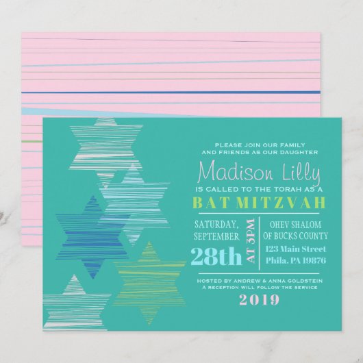 Invitation ÉTOILES CONNECTANT L'Invitation Bat mitzvah (Devant / Derrière)