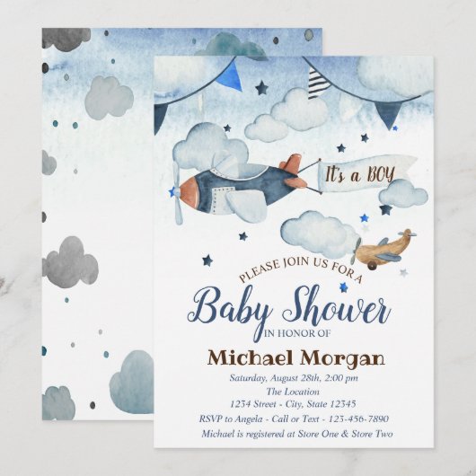 Invitation Etoiles d'aquarelle mignonnes, Nuages, Baby shower (Devant / Derrière)