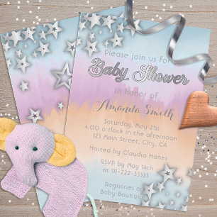 Invitation Étoiles D'Argent Sur Le Baby shower Pastel Ombre