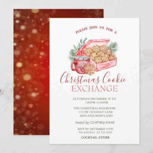 Invitation Étoiles de biscuits de Noël à l'aquarelle Rouge No (Devant / Derrière)