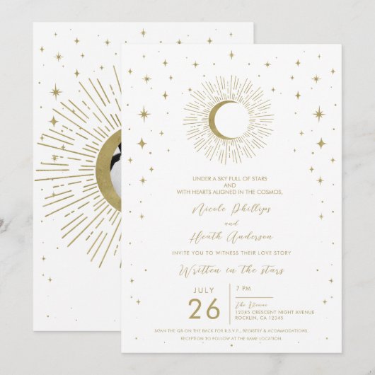 Invitation Étoiles de Blanc Or Soleil Celeste Explosion de Ra (Devant / Derrière)