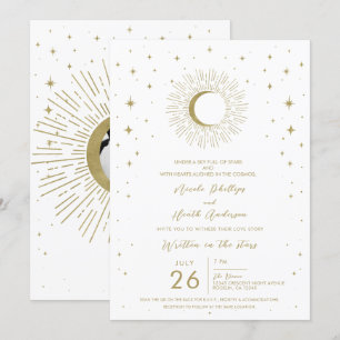 Invitation Étoiles de Blanc Or Soleil Celeste Explosion de Ra