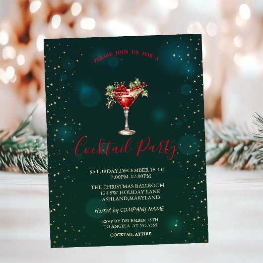 Invitation Étoiles de cocktail rouges Noël vert