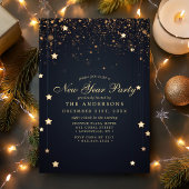Invitation Étoiles de Confettis Dorés Fête du Nouvel An Bleu