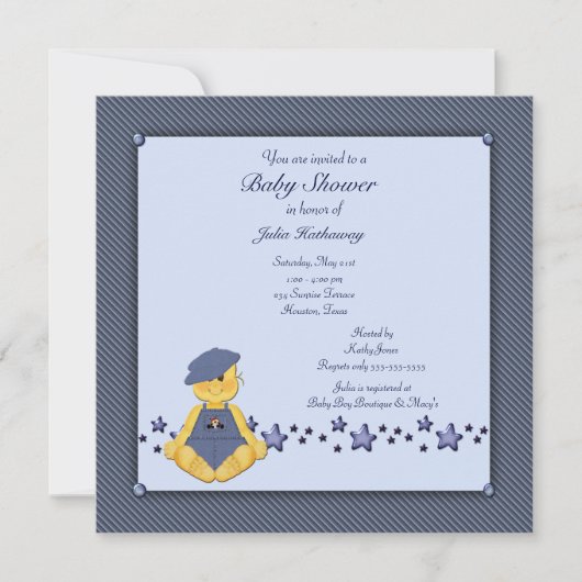 Invitation Étoiles de denim bleu pour bébé garçon (Devant)