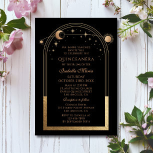 Invitation Étoiles de la lune d'or noir céleste Quinceañera