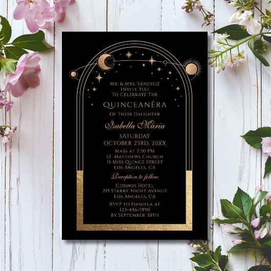 Invitation Étoiles de la lune d'or noir céleste Quinceañera