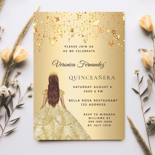 Invitation étoiles de la robe or Quinceanera