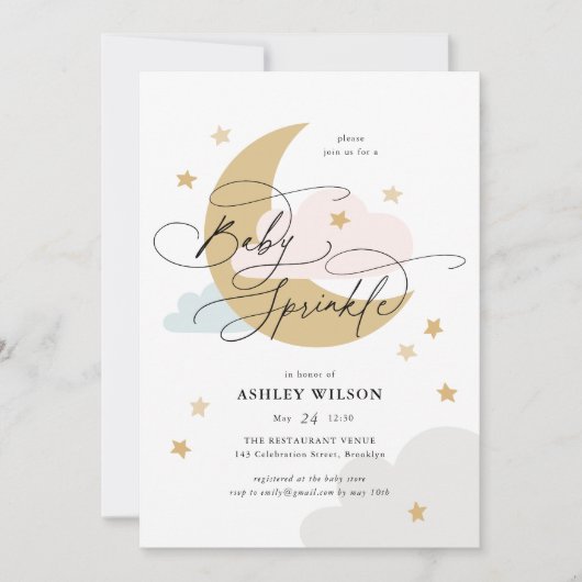Invitation Étoiles de lune Matte rose Bleu Script Bébé Parsem (Devant)