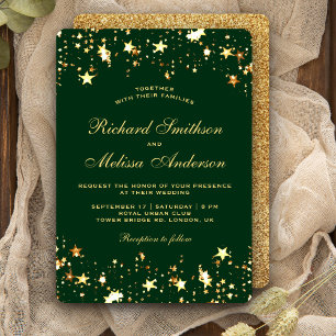 Invitation Étoiles de mariage glamour vert or faux paillettes