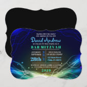 Invitation ÉTOILES DE NEON DE GLOWING Bar Mitzvah bleu d'invi (Devant / Derrière)