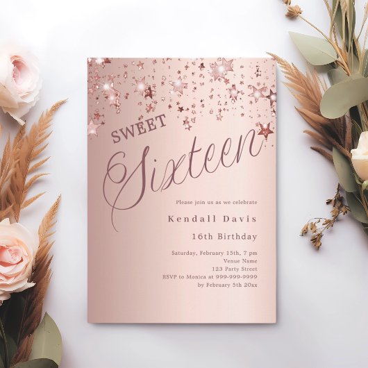 Invitation Étoiles de script en or rose moderne Sweet 16