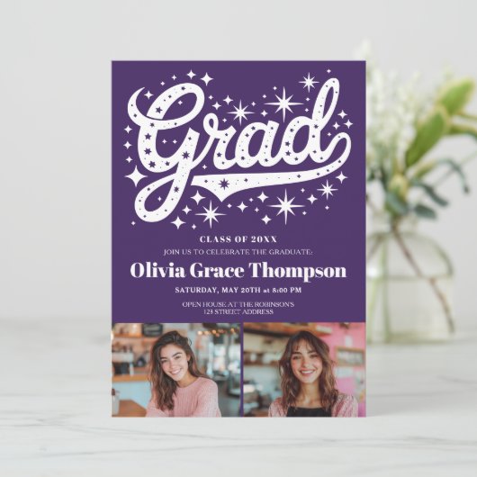 Invitation Étoiles de script violet rétro 3-Photo Graduation  (Debout devant)