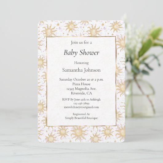 Invitation Étoiles de soleil et Baby shower solaire (Debout devant)