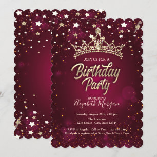 Invitation Étoiles de Tiara doré Fête d'anniversaire rouge