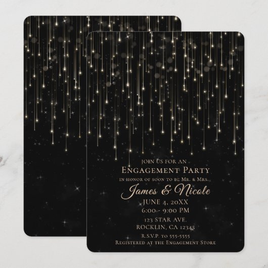 Invitation Étoiles de tir étincelantes Black Chic Engagement  (Devant / Derrière)