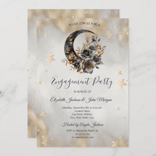 Invitation Étoiles d'or céleste Fleurs de lune (Devant / Derrière)