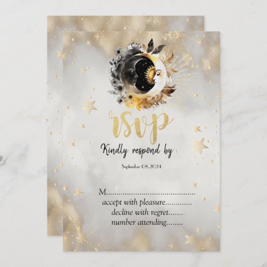 Invitation Étoiles d'or céleste Fleurs de lune RSVP (Devant / Derrière)