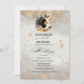 Invitation Étoiles d'or céleste Lune Fleurs Script (Devant)