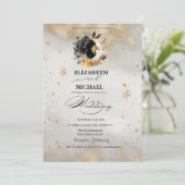 Invitation Étoiles d'or céleste Lune Fleurs Script (Debout devant)