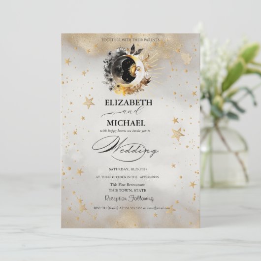 Invitation Étoiles d'or céleste Lune Fleurs Script (Debout devant)