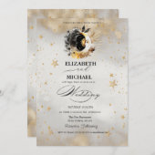 Invitation Étoiles d'or céleste Lune Fleurs Script (Devant / Derrière)