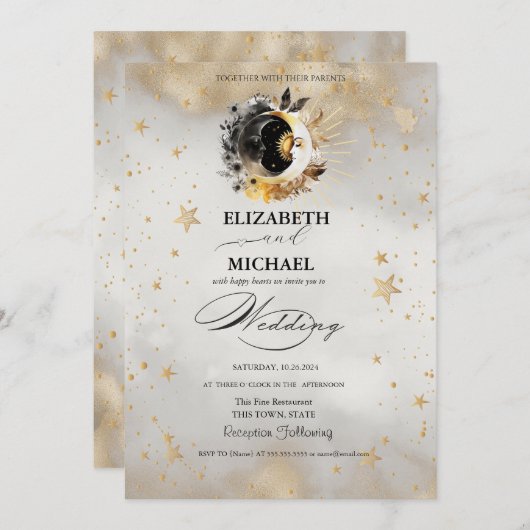 Invitation Étoiles d'or céleste Lune Fleurs Script (Devant / Derrière)