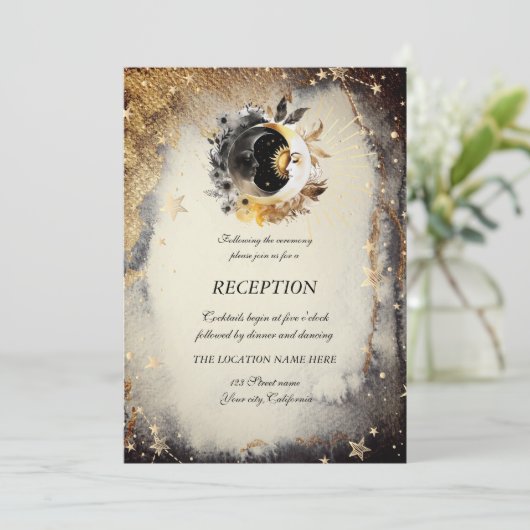 Invitation Étoiles d'or céleste lunes foncées (Debout devant)