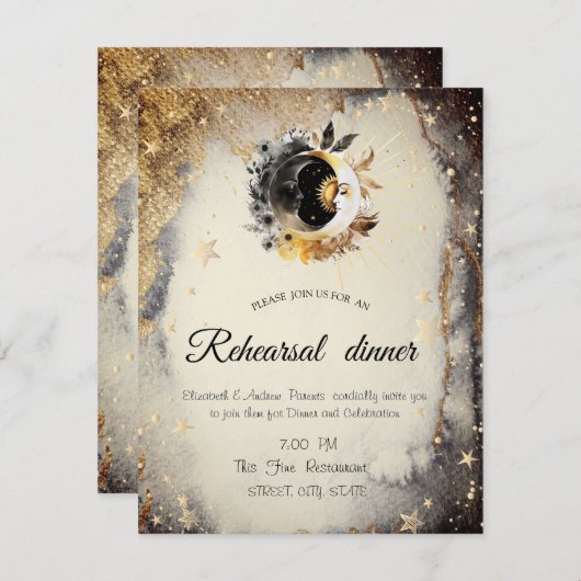 Invitation Étoiles d'or céleste lunes foncées (Devant / Derrière)