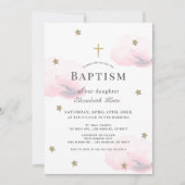 Invitation Étoiles d'or et nuages roses Fille Baptême (Devant)