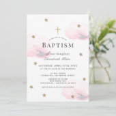 Invitation Étoiles d'or et nuages roses Fille Baptême (Debout devant)