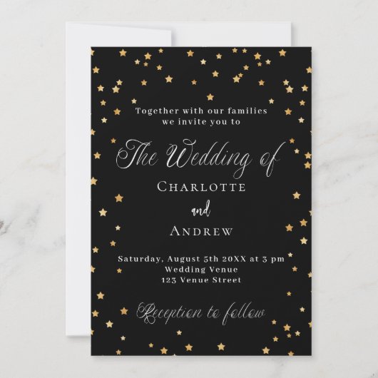 Invitation étoiles d'or noir mariage élégant script luxe (Devant)