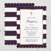 Invitation Étoiles d'or violet moderne Baptême rayé (Devant / Derrière)