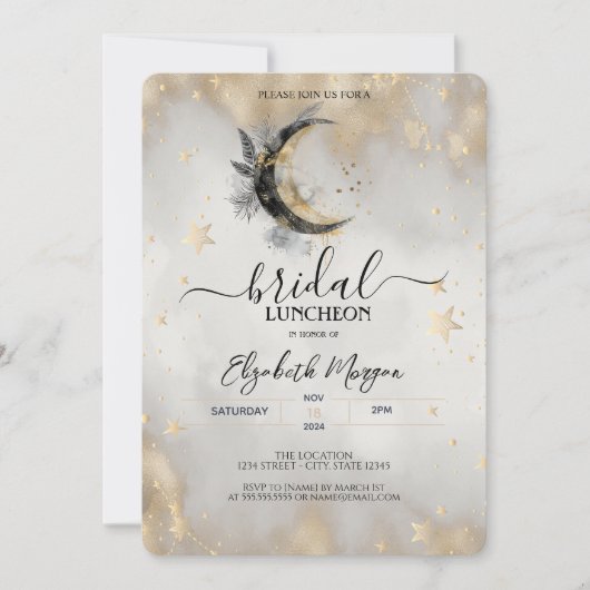 Invitation Étoiles dorées célestes Lune Plume Mariage Luncheo (Devant)