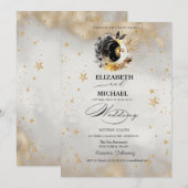 Invitation Étoiles dorées célestes Lunes Fleurs Script (Devant / Derrière)