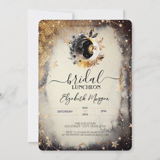 Invitation Étoiles dorées célestes Lunes Réception de mariage (Devant)
