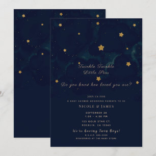 Invitation Étoiles Dorées Ciel de Nuit Sombre Bleu Baby Showe