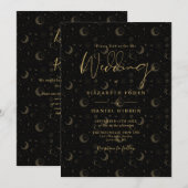 Invitation Étoiles dorées lune céleste code QR mariage (Devant / Derrière)