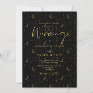 Invitation Étoiles dorées lune céleste code QR mariage